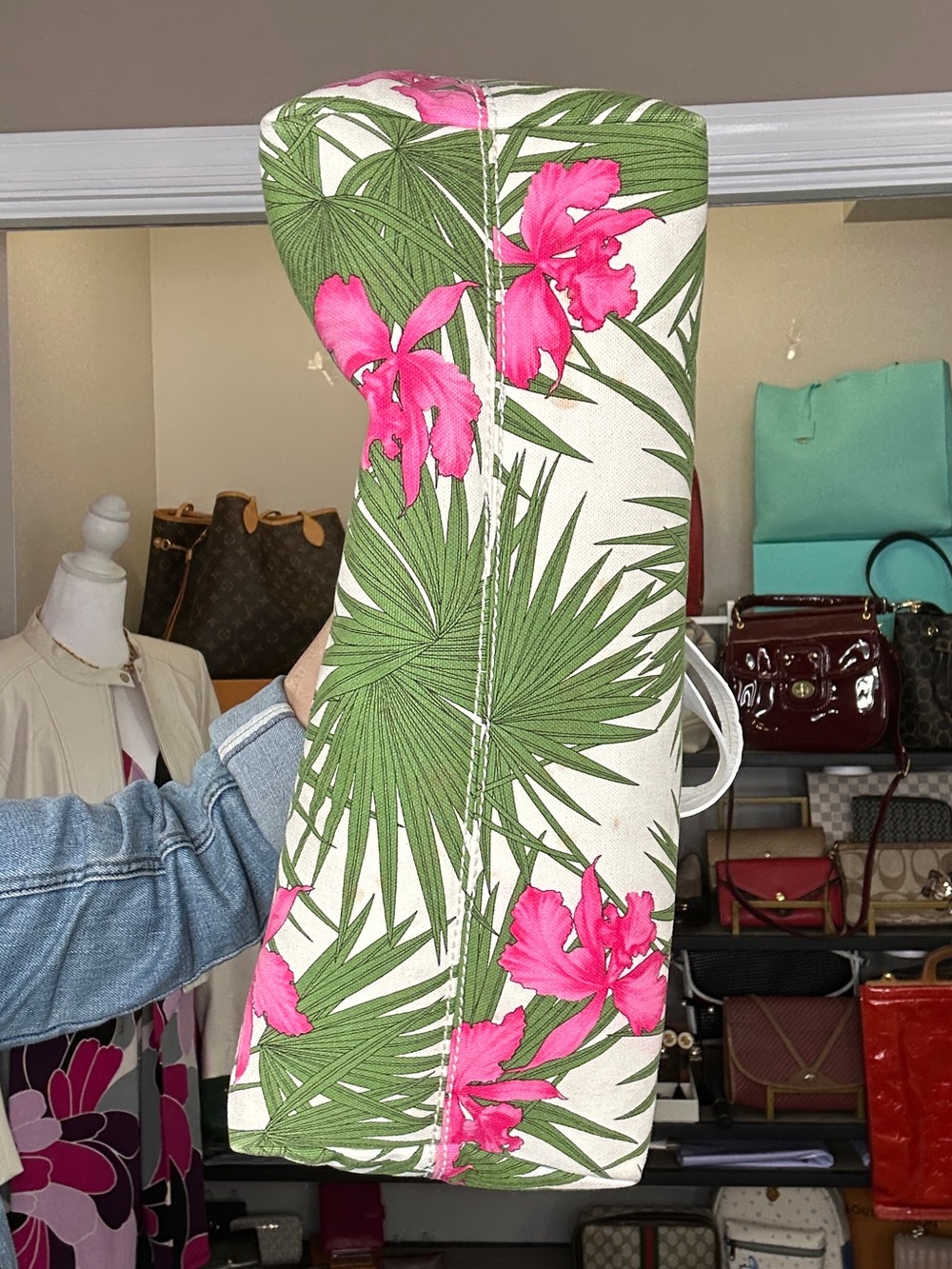 Vintage Celine Tropical Hibiscus Palm Floral Canvas & leather Large Tote w/ COA - Picture 5 of 16